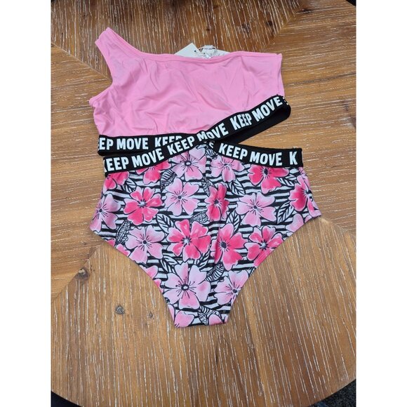One-Shoulder Pink & Floral "Keep Move" Swimsuit Set For Teen Girl Size 14 - Picture 3 of 12